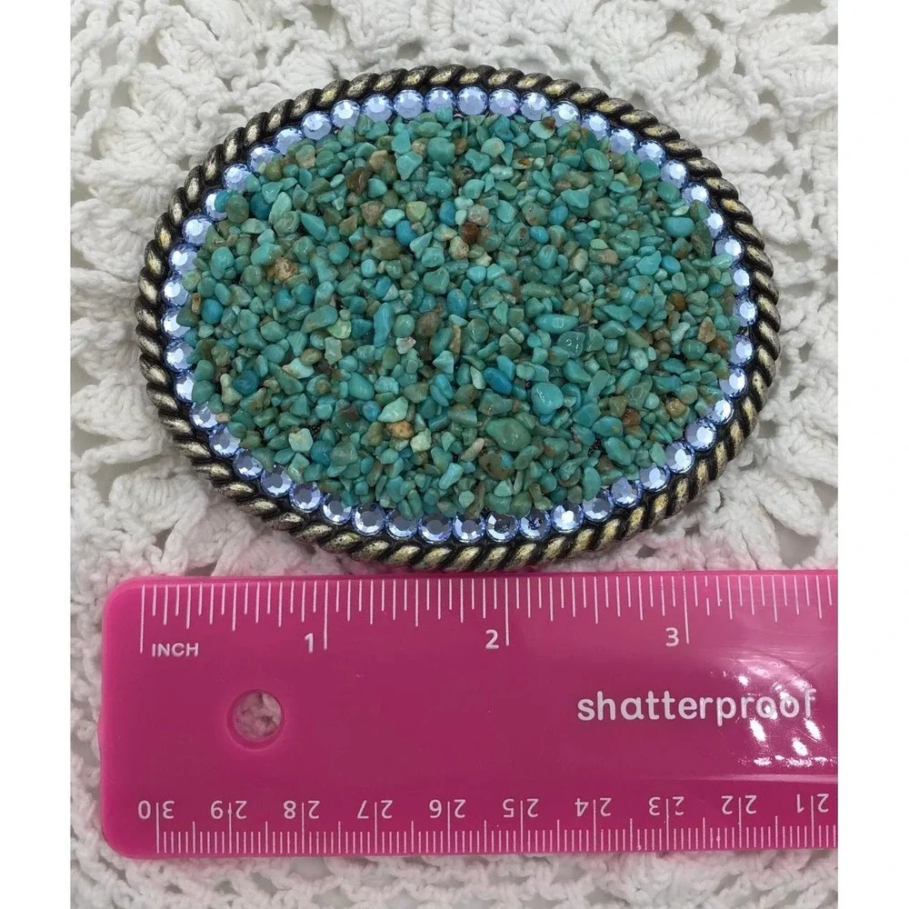 Vintage Turquoise Chip Belt Buckle Blue Rhinestone Rope Edge Western Boho